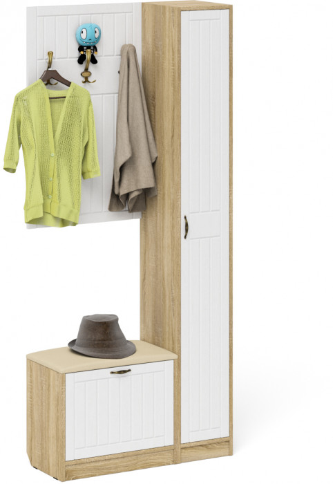 Прихожая П-6 Компоновка № 21, цвет дуб сонома/фасады МДФ белое дерево фрезеровка прованс, ШхГхВ 90х35х210 см., универсальная сборка