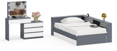 Ксения Кровать с ящиками 1200 + прикроватный блок + Столик с подсветкой 110, графит/белый