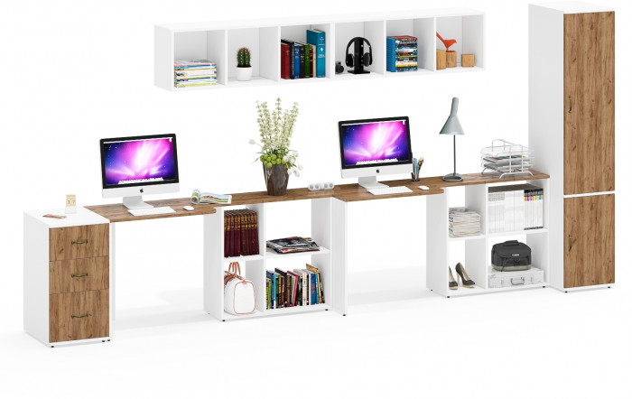 Лидер-8 Стол + Полка + Стол + Полка + Пенал МД 23Б + Тумба МД 3.16, белый шагрень/крафт золото