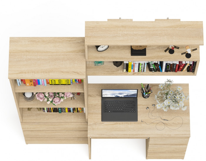 Мори компьютерный стол МС-6 правый + Стеллаж МСТ600.3 + Полка 900, дуб сонома