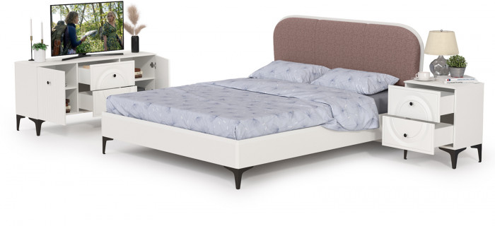 Валенсия Спальня № 40, цвет ЛДСП белый шагрень/МДФ белый шагрень/ткань велутто 19, ортопед есть, сп. м. 1600х2000 мм., б/м