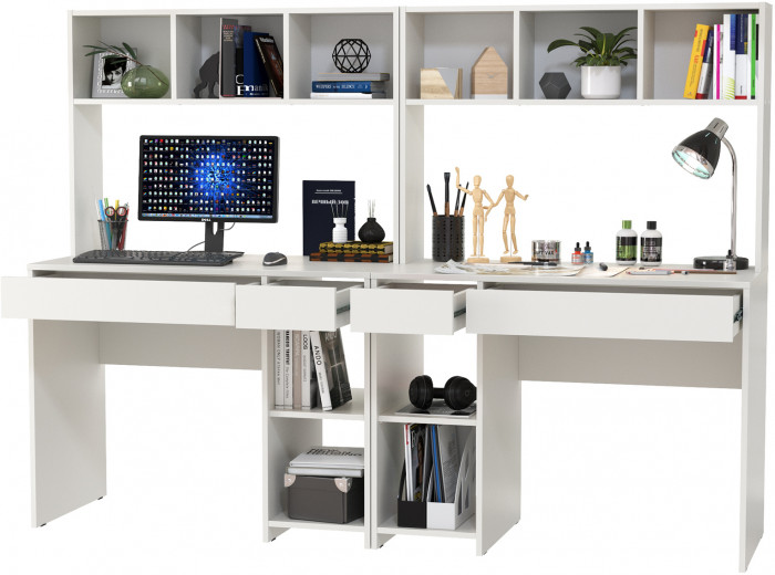 Стол компьютерный Комфорт 12.77F + Стол компьютерный Комфорт 12.77F, цвет белый шагрень, ШхГхВ 200х49,8х147 см., универсальная сборка