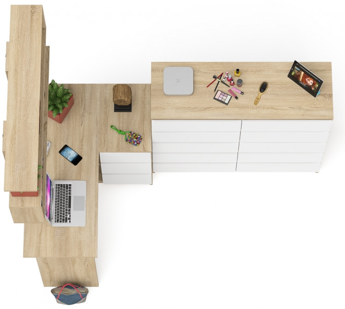 Мори компьютерный стол МС-16 правый + Комод МК1200.10 + Полка 1200, дуб сонома/белый