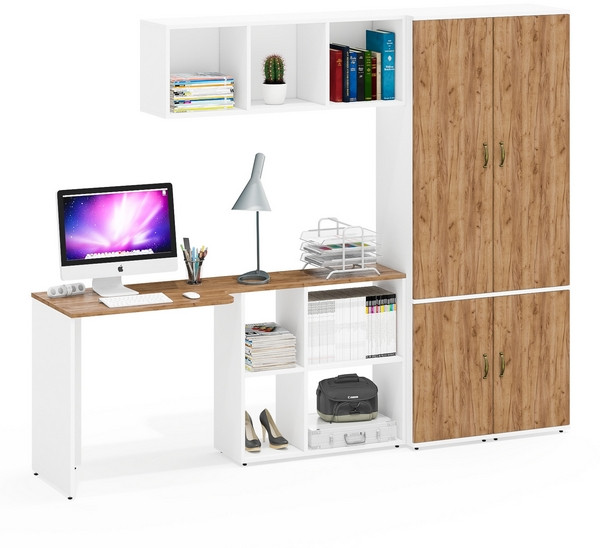 Лидер-8 Стол + Полка + Пенал МД 21Б + Пенал МД 21Б, цвет белый шагрень/крафт золото, ШхГхВ 245х50/37,5х75/190 или 115х160/50х75/190 см., НЕ ун. сб.