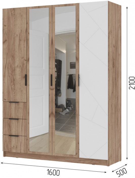 ОРЕГОН ШК 04 Шкаф 4х-створчатый (1600х2100х500) Фасад МДФ БЕЛЫЙ СУПЕРМАТ,ДУБ КРАФТ ТАБАЧНЫЙ/Корпус ДУБ КРАФТ ТАБАЧНЫЙ