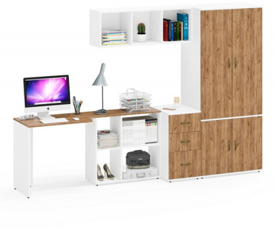 Лидер-8 Стол + Полка + Тумба МД 3.16 + Шкаф МД 19Б, цвет белый шагрень/крафт золото, ШхГхВ 285х50/50х75/190 или 115х200/50х75/190 см., НЕ ун. сб.