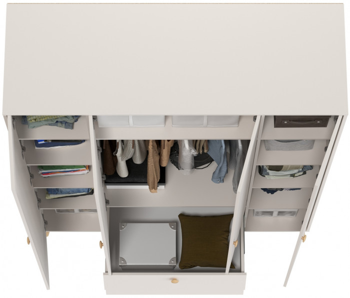 Афина Спальня 4-75930М1к.с. Шкаф 4-х дверный с двумя ящиками, цвет кашемир серый, ШхГхВ 160х56,3х220 см., цвет ножек: тик