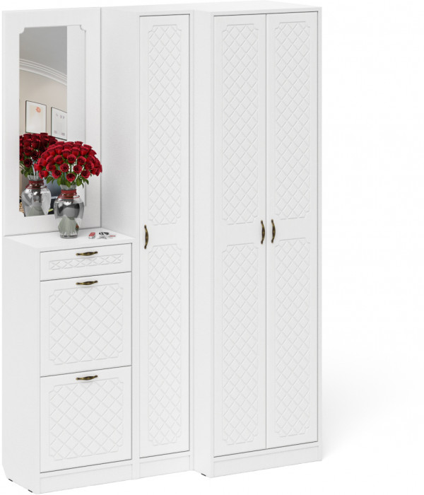 Прихожая П-6 Компоновка № 29, цвет белая шагрень/фасады МДФ белое дерево фрезеровка ромб, ШхГхВ 140х50х210 см., универсальная сборка