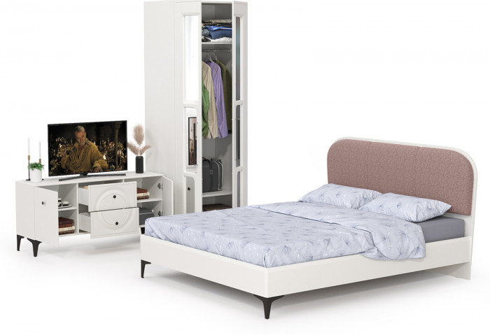 Валенсия Спальня № 42, цвет ЛДСП белый шагрень/МДФ белый шагрень/ткань велутто 19, ортопед есть, сп. м. 1600х2000 мм., б/м