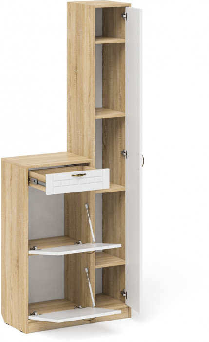 Прихожая П-6 Компоновка № 22, цвет дуб сонома/фасады МДФ белое дерево фрезеровка прованс, ШхГхВ 80х35х210 см., универсальная сборка