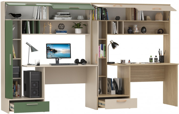 Два Стола письменных Лайт 03.243Н, цвет сатин/дымчатый зелёный/плэйн/сатин, ШхГхВ 300,4х57,3х179,9 см., НЕ универсальная сборка