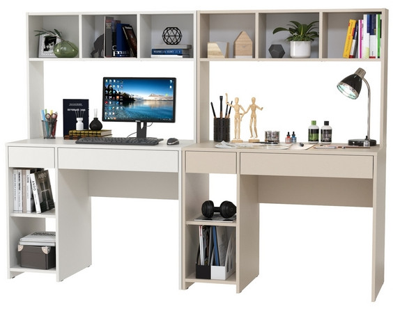 Стол компьютерный Комфорт 12.77F + Стол компьютерный Комфорт 12.77F, цвет белый шагрень/сатин, ШхГхВ 200х49,8х147 см., универсальная сборка