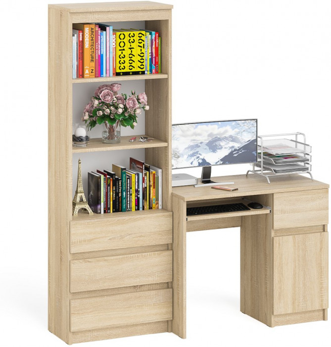 Мори компьютерный стол МС-1 правый + Стеллаж МСТ600.3, дуб сонома