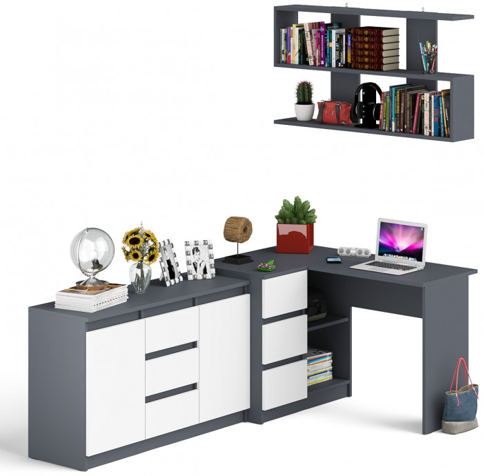 Мори компьютерный стол МС-16 левый + Комод МК1200.3 + Полка 1200, графит/белый