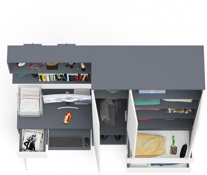 Мори Стол компьютерный МС-1 левый + Шкаф МШ1200.1 + Полка 900, цвет графит/белый, ШхГхВ 210,4х50,4х209,6 см., НЕ универсальная сборка