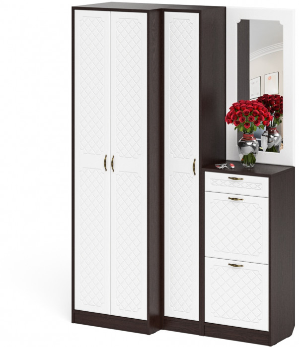 Прихожая П-6 Компоновка № 29, цвет венге/фасады МДФ белое дерево фрезеровка ромб, ШхГхВ 140х50х210 см., универсальная сборка
