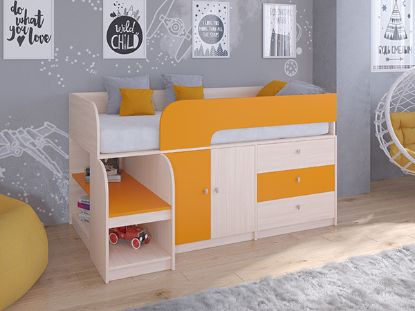 Кровать чердак Астра 9 V1 Дуб молочный/Оранжевый