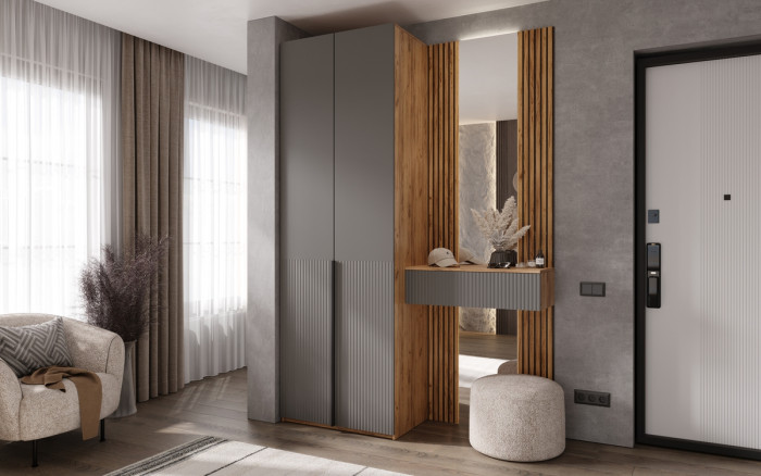 Тумба с зеркалом и шкафом 2-х ств Марвэл, Крафт золотой/Браш графит