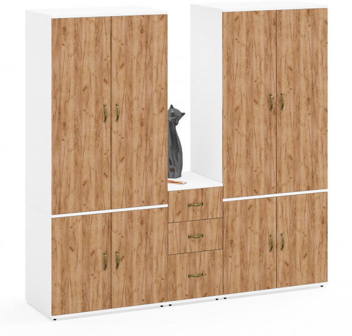 Лидер-8 Шкаф МД 19Б + Шкаф МД 19Б + Тумба МД 3.16, цвет белый шагрень/крафт золото, ШхГхВ 200х50х190 см., универсальная сборка