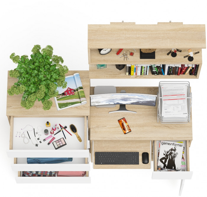 Мори Стол компьютерный МС-1 правый + Комод МК700.5 + Полка 900, цвет дуб сонома/белый, ШхГхВ 160,4х50х209,6 см., НЕ универсальная сборка