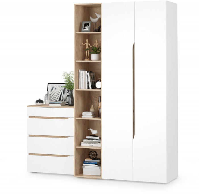 Муссон 13.198 Шкаф двухстворчатый + 13.349 Стеллаж + 13.97 Комод, цвет белый/дуб эндгрейн элегантный, ШхГхВ 204,6х52,3х229,8 см., НЕ универс. сборка