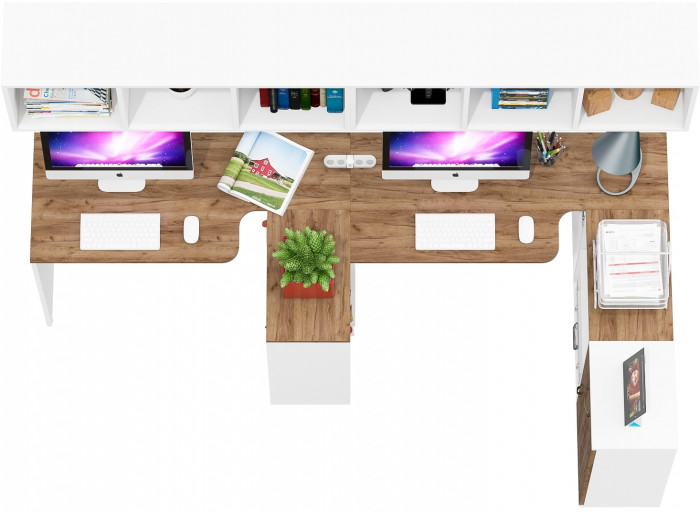 Лидер-8 Стол + Полка + Стол + Полка + Тумба МД 3.15, белый шагрень/крафт золото