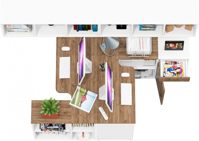 Лидер-8 Стол + Полка + Стол + Полка + Тумба МД 3.15, белый шагрень/крафт золото