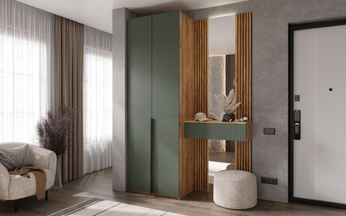 Тумба с зеркалом и шкафом 2-х ств Марвэл, Крафт золотой/Браш мени грин