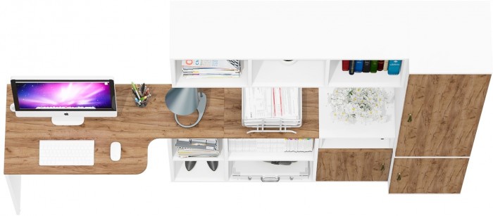 Лидер-8 Стол + Полка + Тумба МД 3.19 + Пенал МД 22Б, цвет белый шагрень/крафт золото, ШхГхВ 245х50/37,5х75/190 или 115х160/50х75/190 см., НЕ ун. сб.