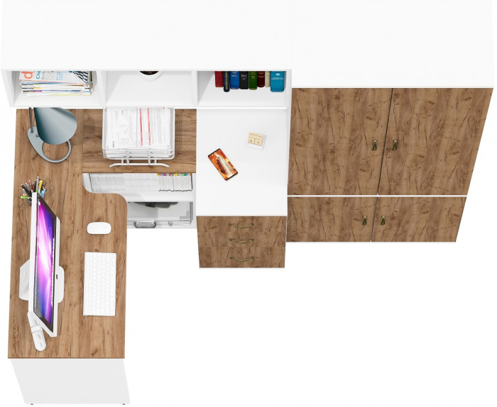 Лидер-8 Стол + Полка + Тумба МД 3.16 + Шкаф МД 20Б, цвет белый шагрень/крафт золото, ШхГхВ 285х50/37,5х75/190 или 115х200/50х75/190 см., НЕ ун. сб.