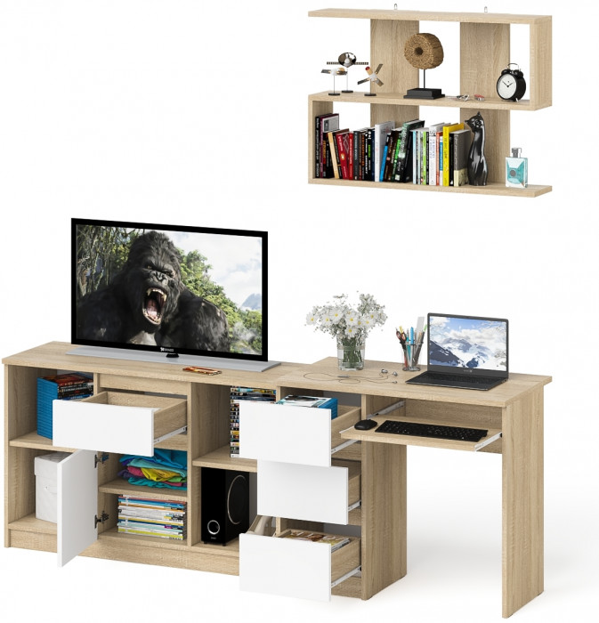 Мори Стол компьютерный МС-6 левый + Тумба МТВ1204.1 + Полка 900, цвет дуб сонома/белый, ШхГхВ 210,4х50х209,6 см., НЕ универсальная сборка