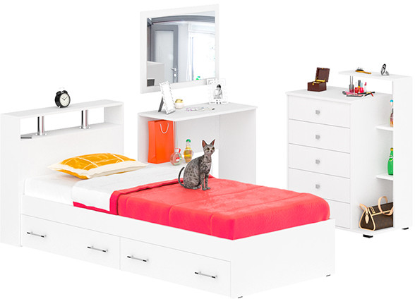 Камелия спальня № 14 Кровать с ящиками 900 + Стол косметический + Зеркало + Комод, белый