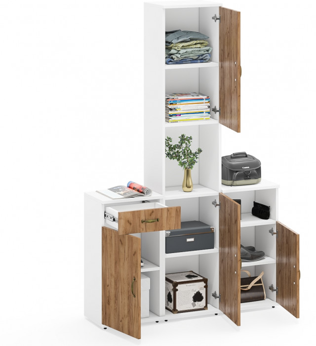 Лидер-8 Пенал + Тумба МД 3.15 + Тумба МД 3.19, белый шагрень/крафт золото