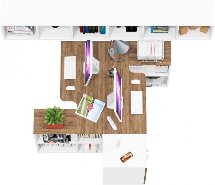 Лидер-8 Стол + Полка + Стол + Полка + Тумба МД 3.16, белый шагрень/крафт золото