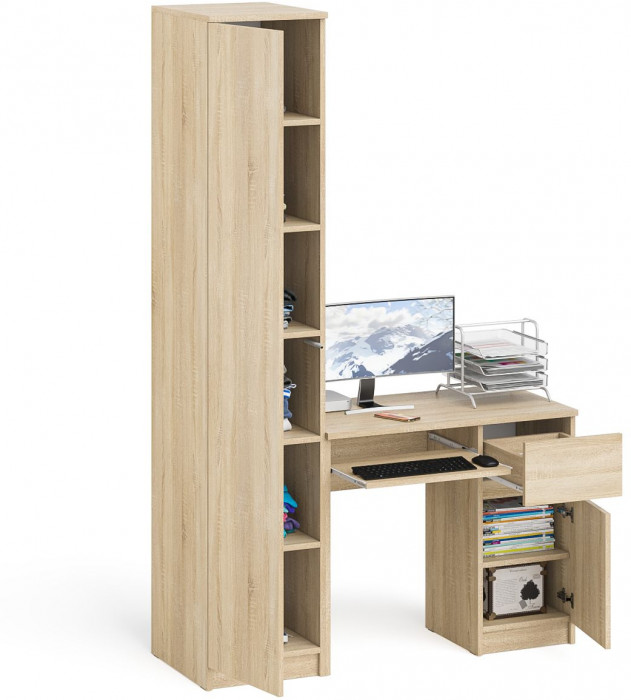 Мори компьютерный стол МС-1 правый + Пенал МШ400.1, дуб сонома