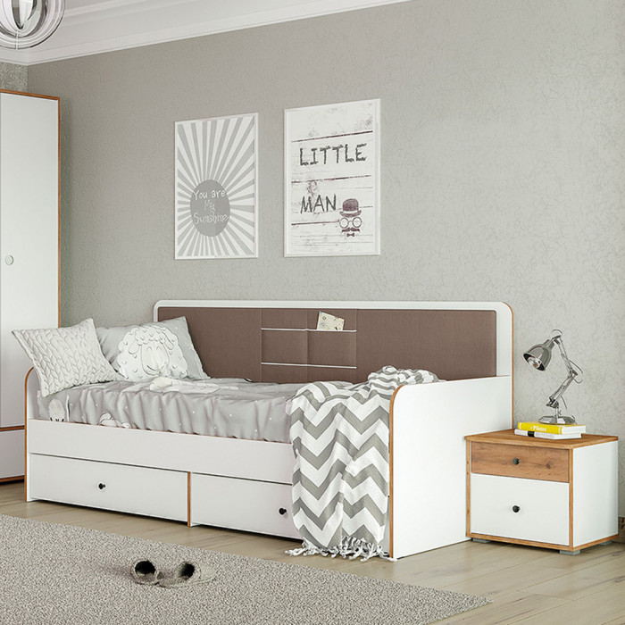 Вуди 11.02 Кровать + Тумба 13.287, цвет белый премиум/дуб крафт золотой/саванна латте, ШхГхВ 254,2х94,4х96,5 см, 900х2000 мм, б/м, осн. есть