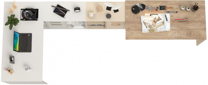 Два Стола письменных Лайт 03.245F, цвет белый шагрень/сатин/дуб эндгрейн элегантный, ШхГхВ 342,7х136х75,2 см.(угл.) или 407х68х75,2 см.(пр.), ун. сб.