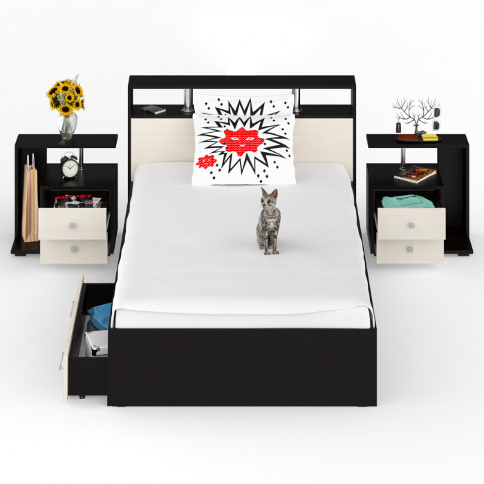 Камелия Кровать с ящиками 1200 + две тумбы, цвет венге/дуб лоредо, ШхГхВ 236х217х78,2 см., сп.м. 1200х2000 мм., без матраса, основание есть