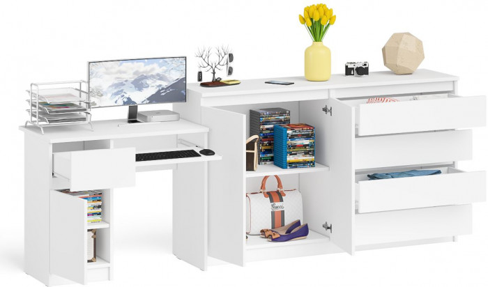 Мори Стол компьютерный МС-1 левый + Комод МК1600.1, цвет белый, ШхГхВ 250,4х50х94 см., выдвижной ящик слева, НЕ универсальная сборка