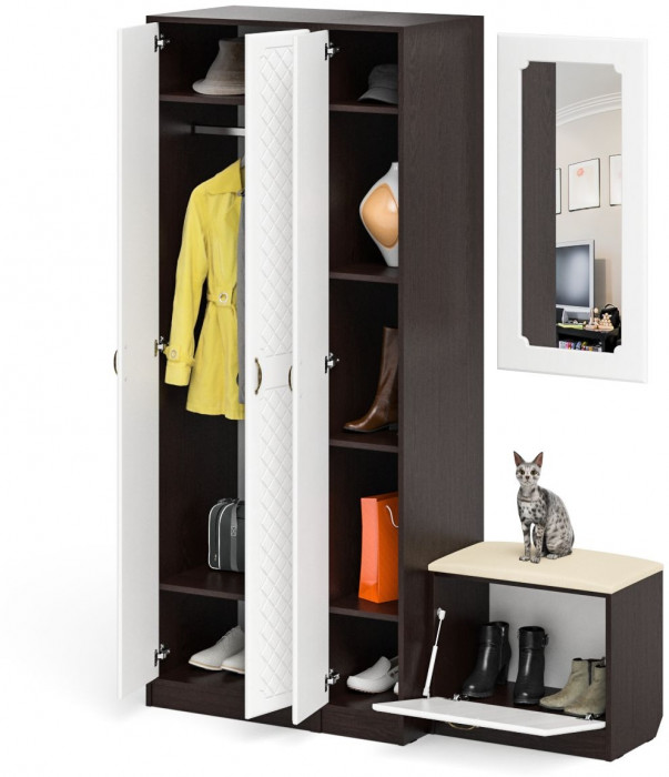 Прихожая П-6 Компоновка № 46, венге/фасады МДФ белое дерево фрезеровка ромб