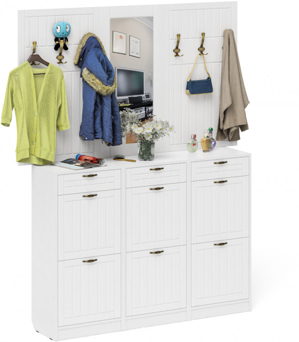 Прихожая П-6 Компоновка № 06, цвет белая шагрень/фасады МДФ белое дерево фрезеровка прованс, ШхГхВ 170х35х200 см., универсальная сборка