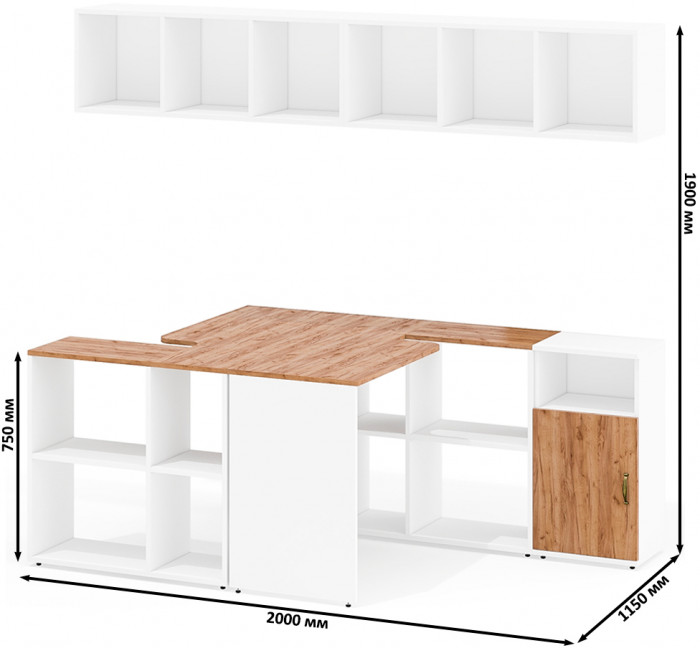 Лидер-8 Стол + Полка + Стол + Полка + Тумба МД 3.19, белый шагрень/крафт золото