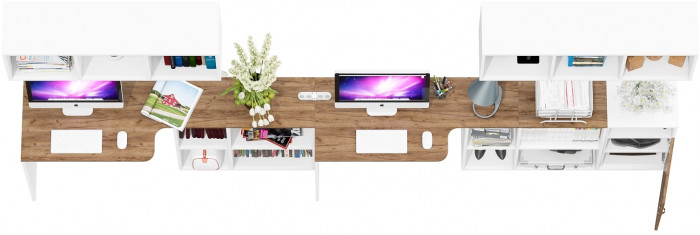 Лидер-8 Стол + Полка + Стол + Полка + Тумба МД 3.19, белый шагрень/крафт золото