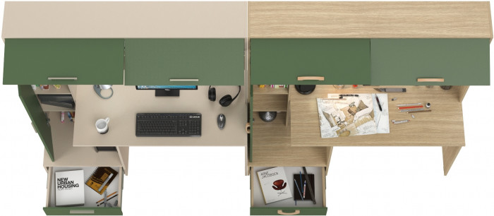 Два Стола письменных Лайт 03.243Н, цвет сатин/дымчатый зелёный/плэйн/дымчатый зелёный, ШхГхВ 300,4х57,3х179,9 см., НЕ универсальная сборка