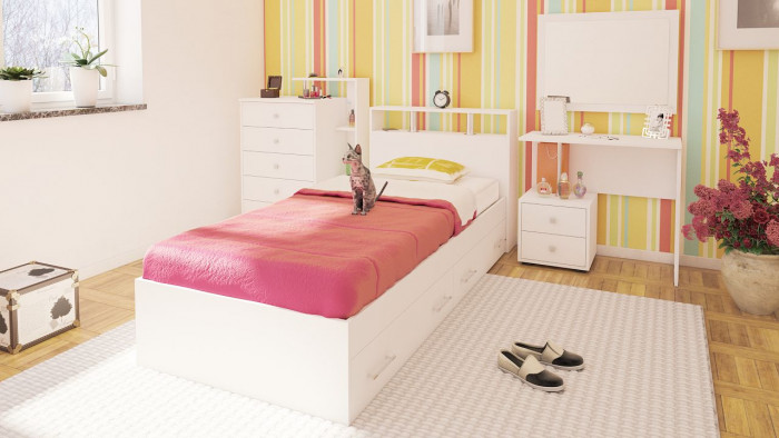 Камелия Кровать с ящиками 0900, цвет белый, ШхГхВ 93,5х217х78,2 см., сп.м. 900х2000 мм., без матраса, основание есть