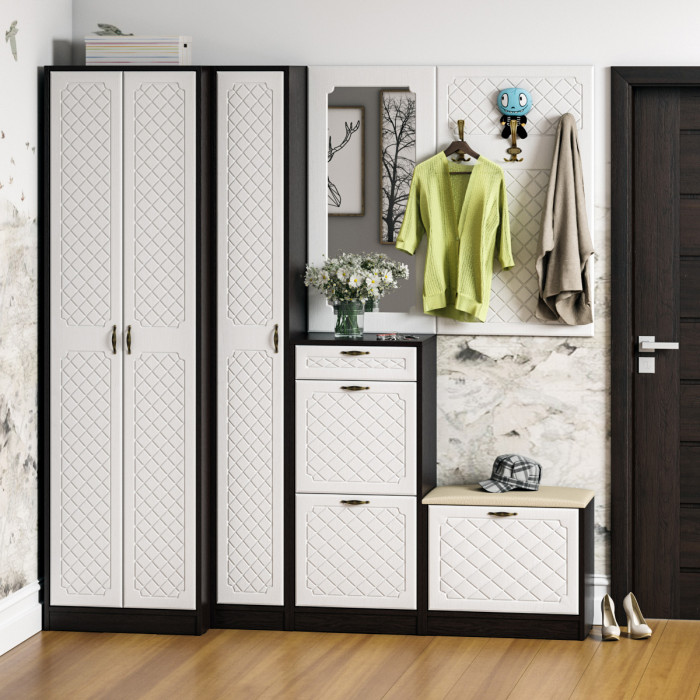 Прихожая П-6 Компоновка № 31, цвет венге/фасады МДФ белое дерево фрезеровка ромб, ШхГхВ 200х50х210 см., универсальная сборка