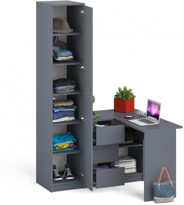 Мори Стол компьютерный МС-16 левый + Пенал МШ400.1, цвет графит, ШхГхВ 164,8х84,9х209,6 см., выдвижные ящики слева, НЕ универсальная сборка