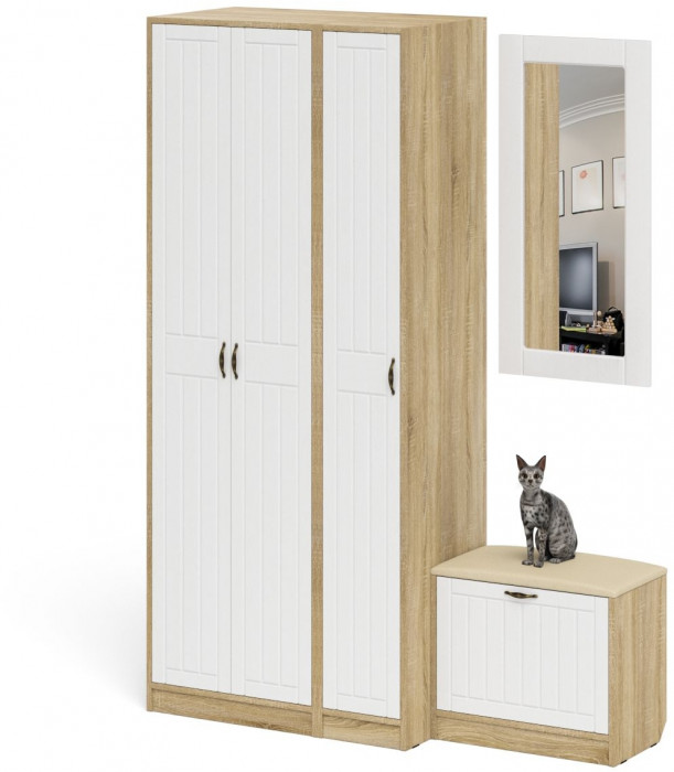 Прихожая П-6 Компоновка № 46, дуб сонома/фасады МДФ белое дерево фрезеровка прованс