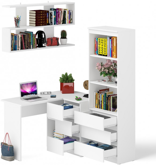 Мори компьютерный стол МС-16 правый + Стеллаж МСТ600.3 + Полка 1200, белый