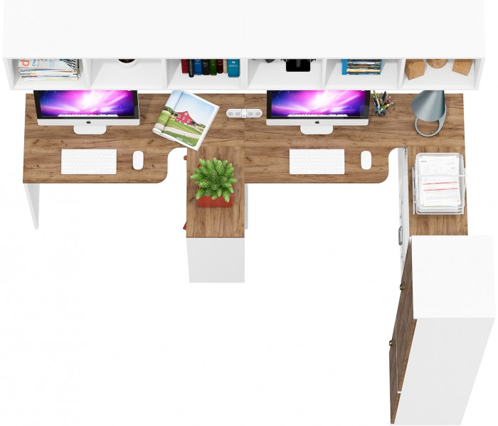 Лидер-8 Стол + Полка + Стол + Полка + Пенал МД 21Б + Тумба МД 3.15, цвет белый шагрень/крафт золото, 410х50х75/190 или 230х160/50х75/190, НЕ ун. сб.